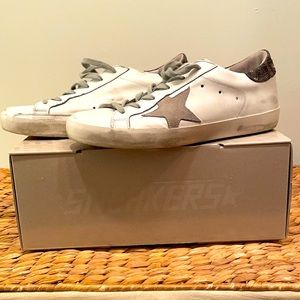 Golden Goose Superstar Classic With List / White with Lurex Heel. Box & duster.